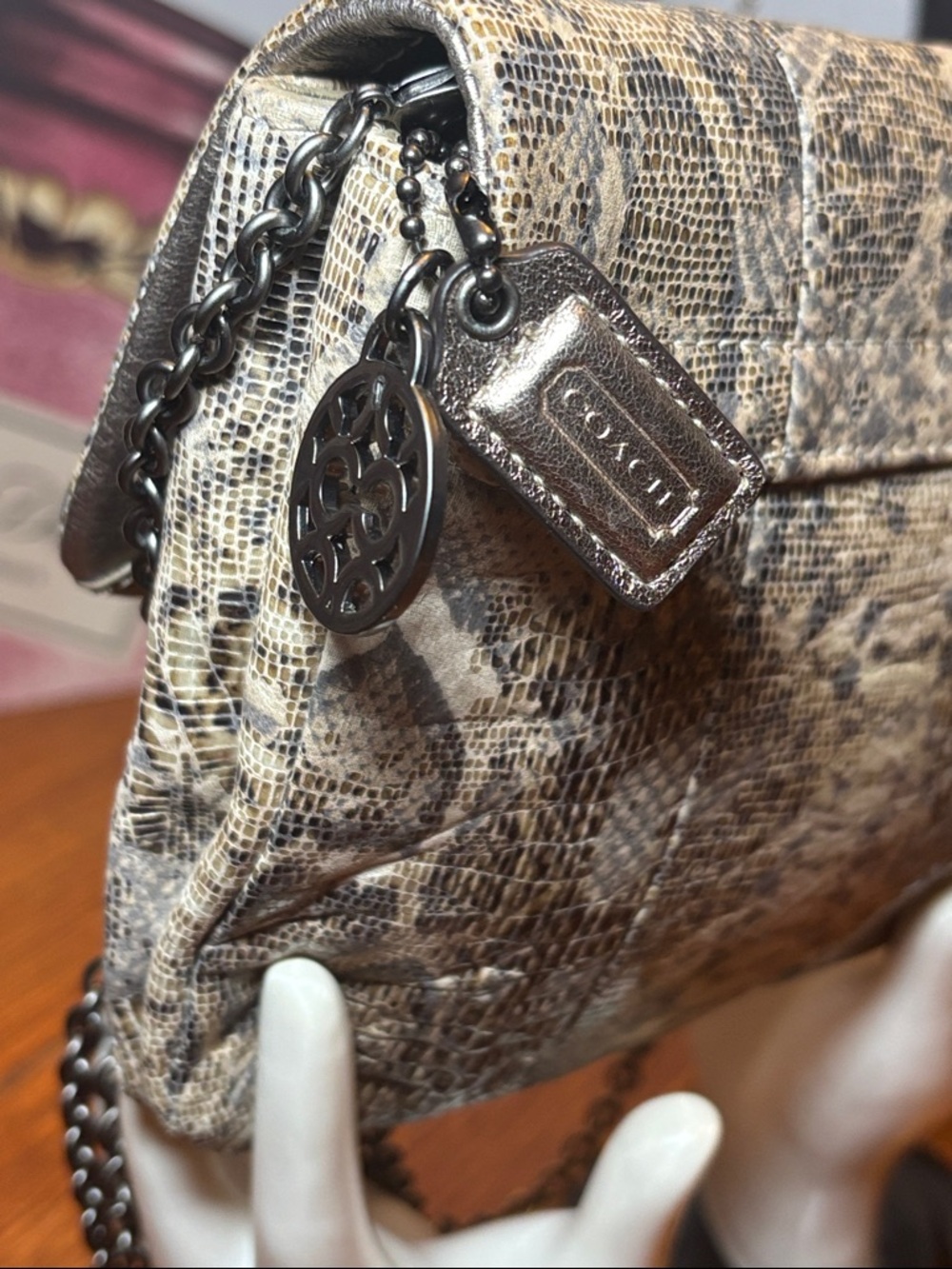 Coach Snakeskin Embossed Leather Chain Crossbody Clutch - Picture 4 of 12